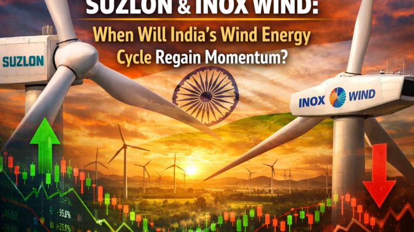 Suzlon Energy and Inox Wind turbines with Indian stock market chart showing wind energy sector outlook