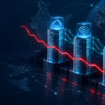 Three abstract IT-service towers connected by digital networks, with a downward red market trend line representing falling technology stocks.