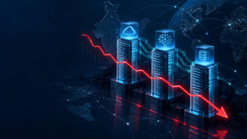 Three abstract IT-service towers connected by digital networks, with a downward red market trend line representing falling technology stocks.