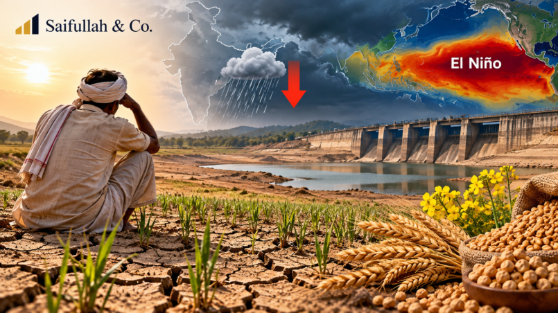 Indian farmer beside cracked farmland and a depleted reservoir, illustrating water stress risks for Rabi crops from weak monsoon and El Niño