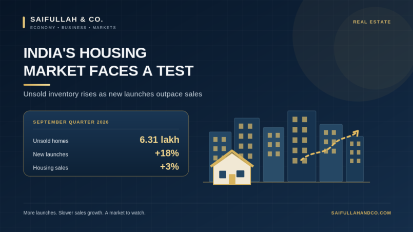 India's housing market featured image showing rising unsold housing inventory, new launches, and housing sales